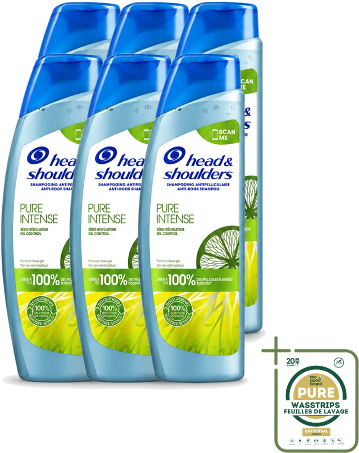 6 x Head & Shoulders - Anti-Roos Shampoo - Pure Intense - Oil Control - 250 ml - Wasstrips - Roosvrij Haar - Oliecontrole - Schone Hoofdhuid - Vet Haar - Anti-roos Shampoo