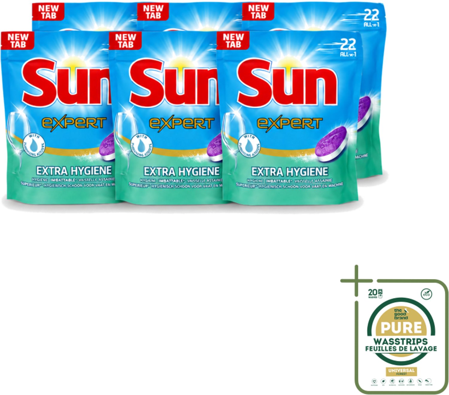 6 x Sun Expert - Extra Hygiëne - Vaatwastabletten - 22 Tabletten - Wasstrips - Vaatwastabletten - Hygiëne - Vaatwasser - Reiniging - Kalk