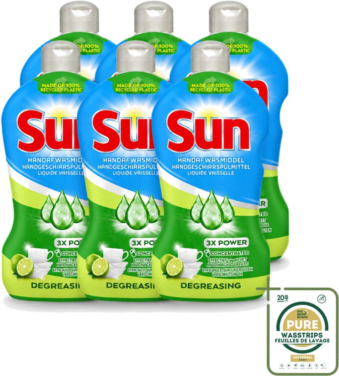 6 x Sun - Handafwasmiddel - Degreasing - Limoen - 450 ml - Wasstrips - Handafwasmiddel - Vaatwas - Limoen - Afwasmiddel - Vetverwijderend