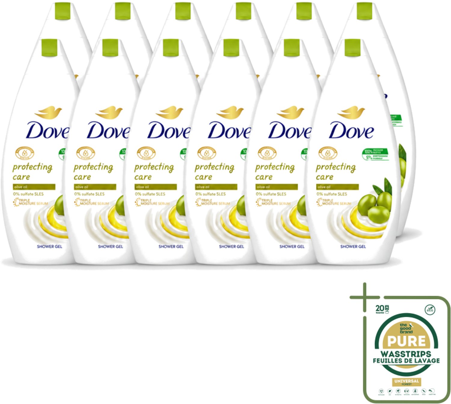 12 x Dove Protecting Care - Douchegel - Olijfolie - Sulfaatvrij - 450 ml - Wasstrips - Douchegel - Olijfolie - Huidverzorging - Sulfaatvrije Douchegel - Hydraterende Crème