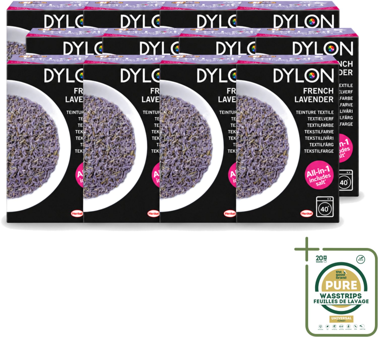 12 x Dylon - Textielverf - French Lavender - All-in-One - Inclusief Zout - 350g - Wasstrips - Textielverf - Lavendelkleur - French Lavender - Zout - Stofverf