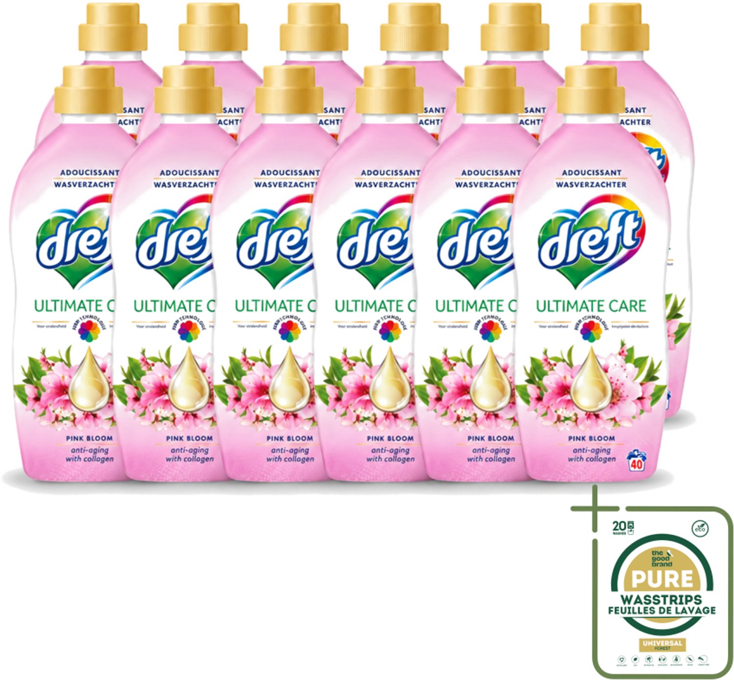 12 x Dreft - Ultimate Care - Wasverzachter - Roze Bloem - Anti-Veroudering - 40 Wasbeurten - Wasstrips - Wasverzachter - Anti-aging - Kleurbescherming - Wasgoed Verzorging - Roze Bloem Geur
