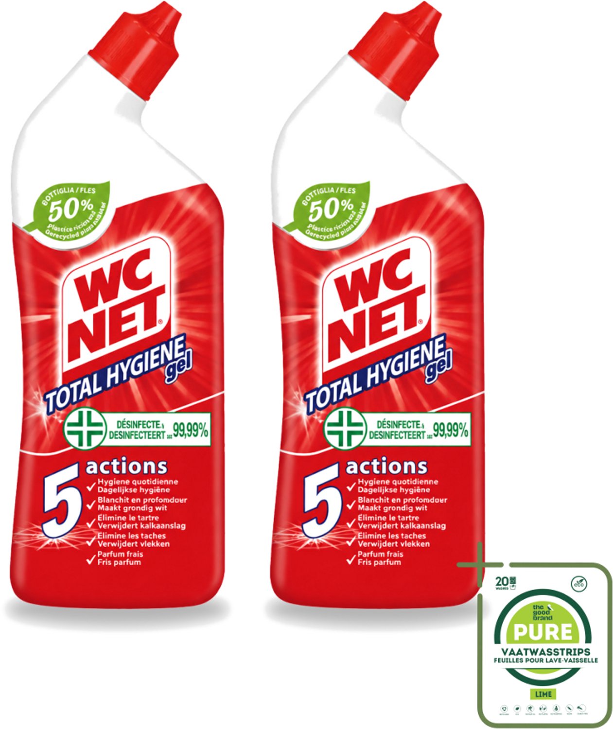 2 x WC Net - Toiletreiniger - Gel - Ontkalkt En Verwijdert Vlekken - 750 ml - Grootverpakking - Vaatwasstrips - WC Net - Toilet Reinigen - Kalk Verwijderen - Toilet Reinigingsgel - Toilet Hygiëne