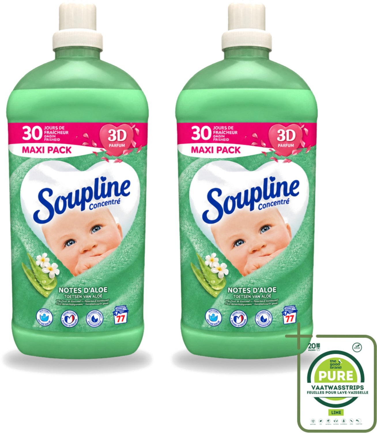 2 x Soupline - Wasverzachter - Aloë Vera Concentraat - 77 Wasbeurten - Grootverpakking - Vaatwasstrips - Wasverzachter Aloë Vera - Wasverzachter Voor Kleding - Aloë Vera Wasverzachter - Zachte Wasverzachter - Wasverzachter Voor Gezin