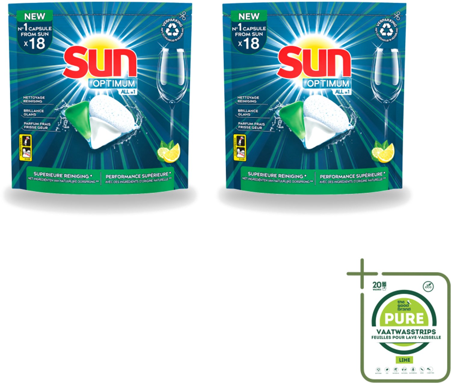 2 x Sun Optimum - All-in-1 - Vaatwasmiddel - Capsules - Citroen - 18 Capsules - Grootverpakking - Vaatwasstrips - Vaatwasmiddel - Vaatwascapsules - Citroen - Reiniging - Spoelglans