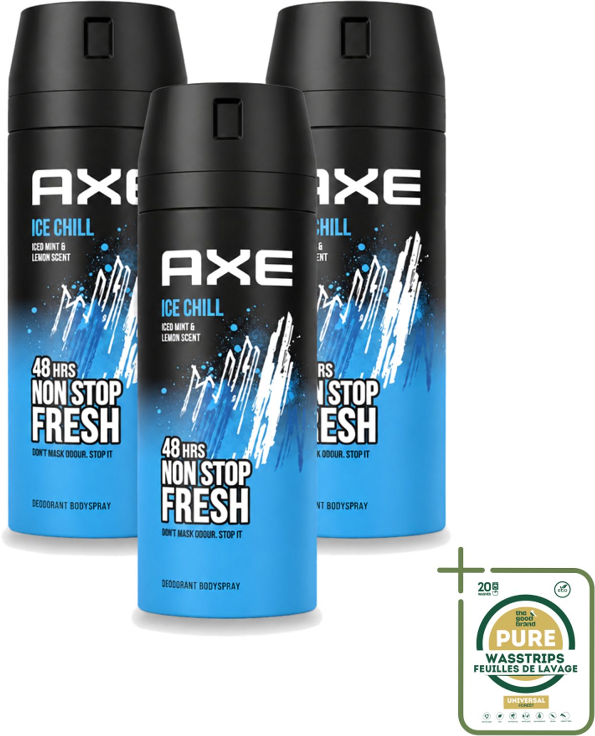 3 x Axe - Deodorant Bodyspray - 48hrs Fresh - Ice Chill - Iced Mint & Lemon - 150 ml - Wasstrips - 48 Uur Bescherming - Lichaamsgeur - Deodorant - Frisheid - Bevroren Munt