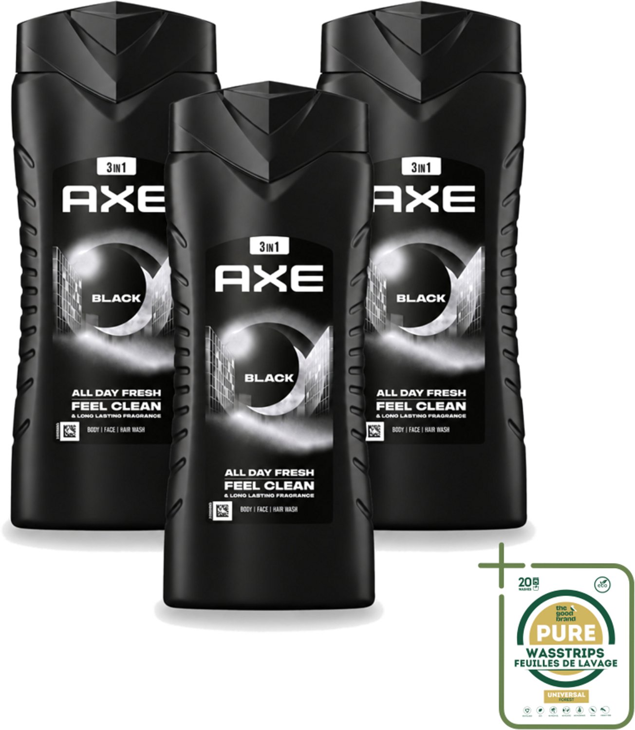 3 x Axe XL - 3-in-1 Douchegel - Black - Frozen Pear & Cedarwoord - 12hrs Long Lasting Scent - 400 ml - Wasstrips - Douchegel - Lichaam - Gezicht - Haar - Frisheid