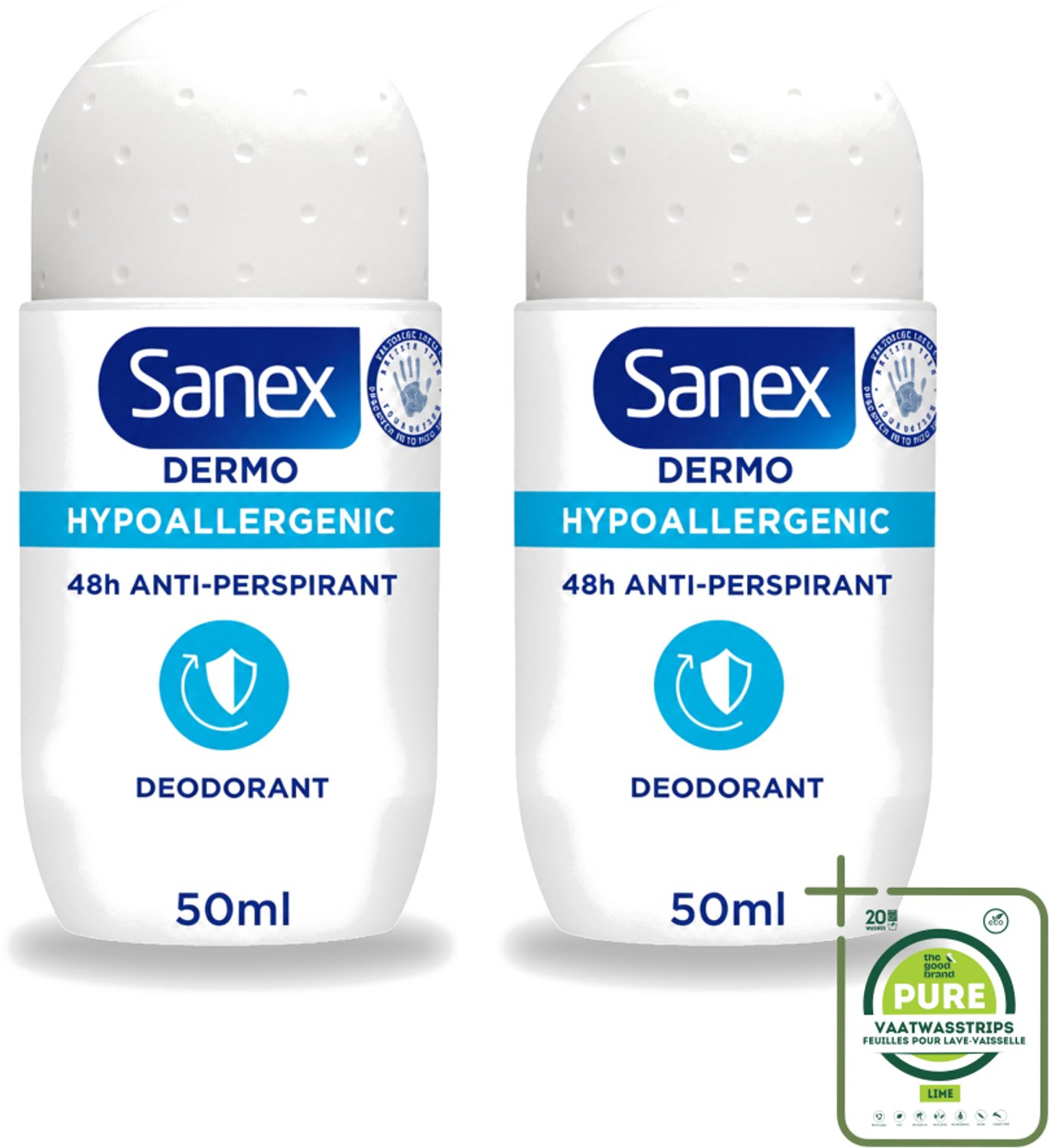2 x Sanex Dermo - Deodorant Roller - Hypoallergeen - 48h Anti-Transpirant - 50 ml - Grootverpakking - Vaatwasstrips - Deodorant Roller - Hypoallergeen Deodorant - 48h Bescherming - Transpiratie Bescherming - Lichaamsgeur Bestrijding