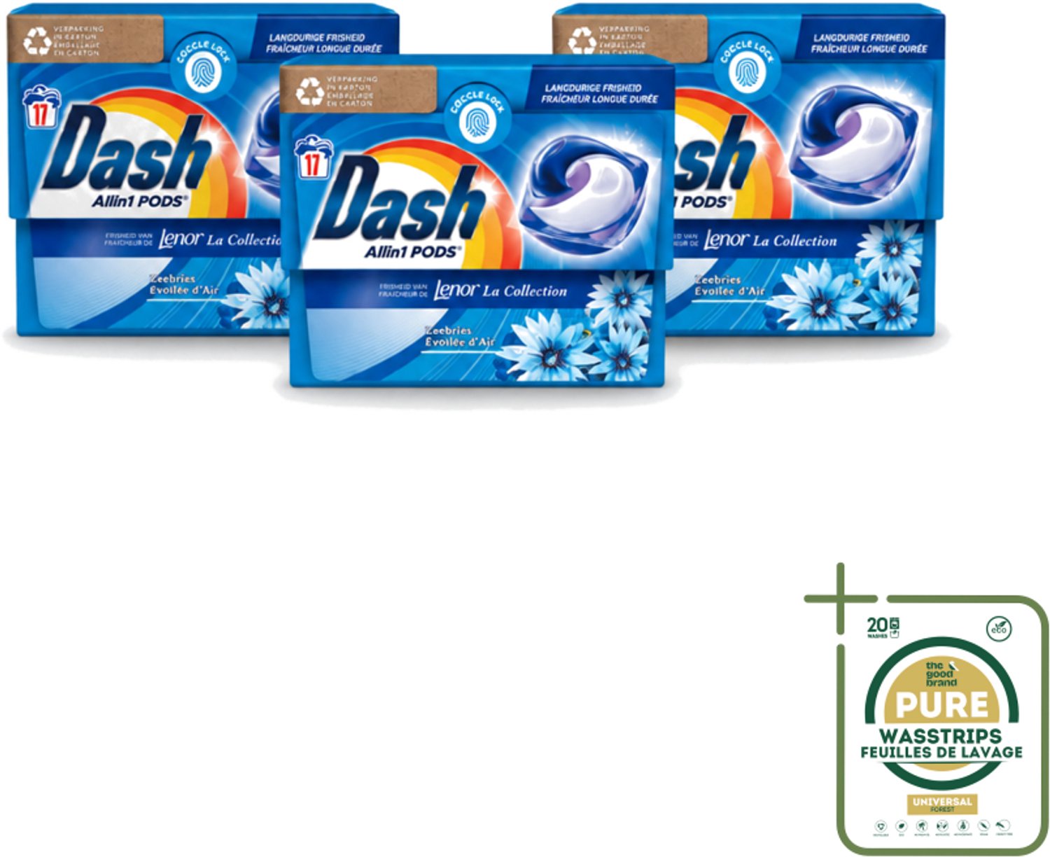 3 x Dash - Lenor Collectie - Wasmiddel Capsules - All-in-1 Pods - Witte en Gekleurde Was - Zeebries - 17 Wasbeurten - Wasstrips - Wasmiddel Capsules - Zeebries Geur - Wasmachine Pod - Frisheid Was - Witte Was