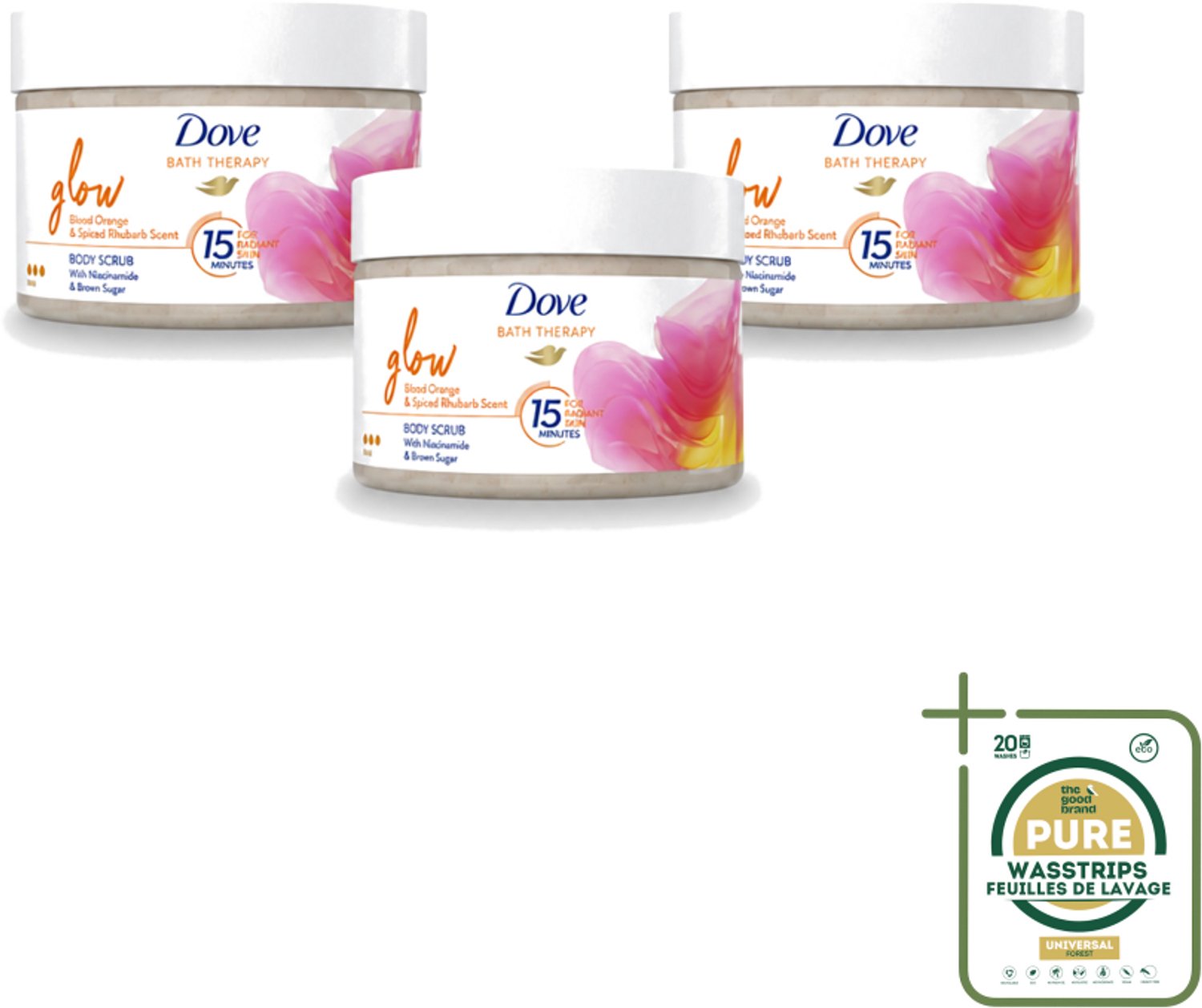3 x Dove Bath Therapy Glow - Bodyscrub - Bloedsinaasappel & Rabarber - 295 ml - Wasstrips - Huid Verzorging - Huid Stralen - Huid Glans - Huid Exfoliatie - Huid Hydratatie