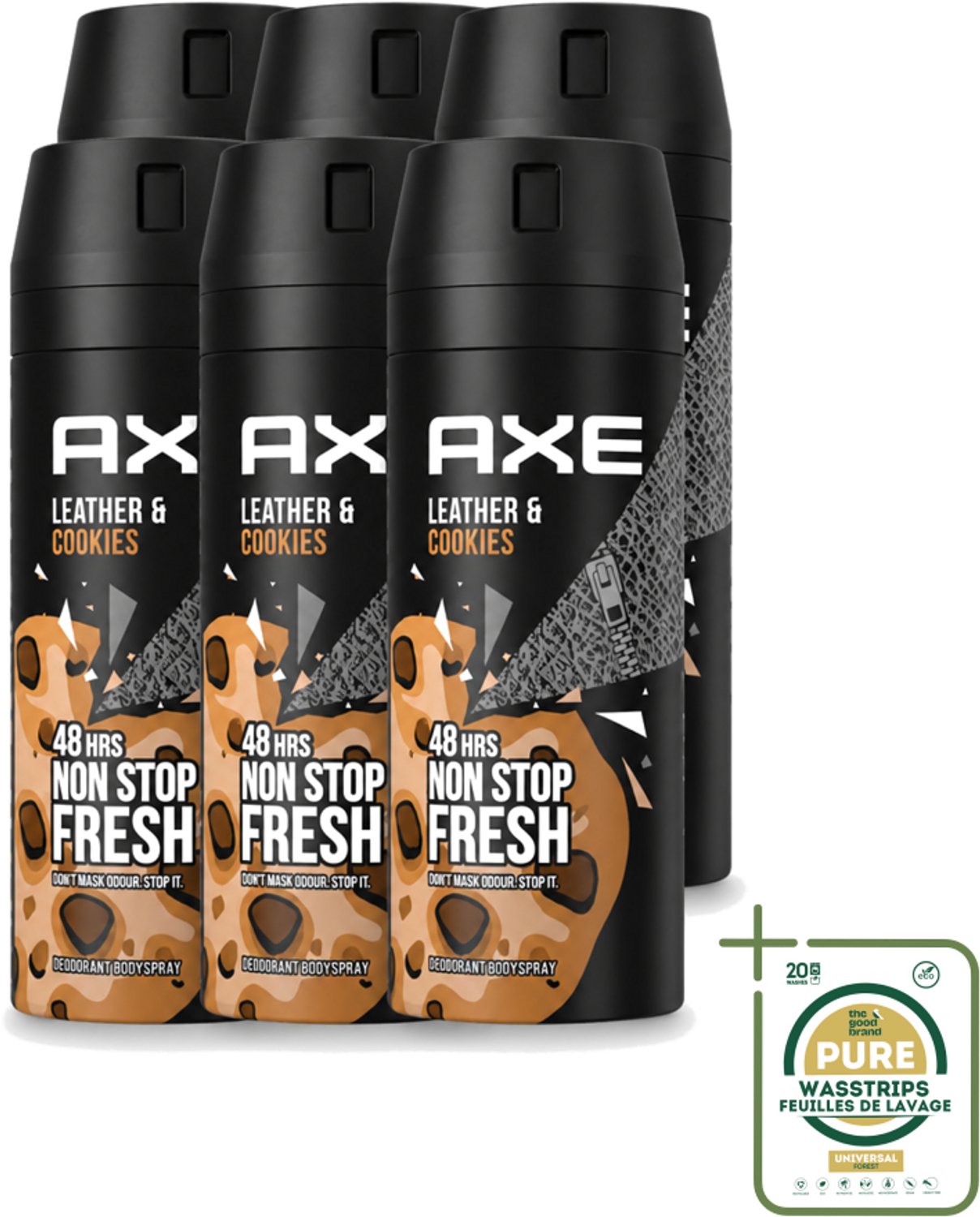 6 x Axe - Deodorant Bodyspray - 48hrs Fresh - Leather & Cookies - 150 ml - Wasstrips - Deodorant - Bodyspray - 48 Uur Bescherming - Leer En Koekjes Geur - Zinktechnologie