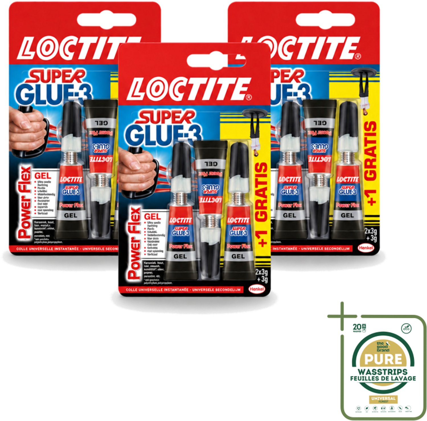 3 x Loctite - Secondelijm - Power Flex - 3 Lijmtubes - Wasstrips - Secondelijm - Power Flex - Lijm - Hechting - Rubber