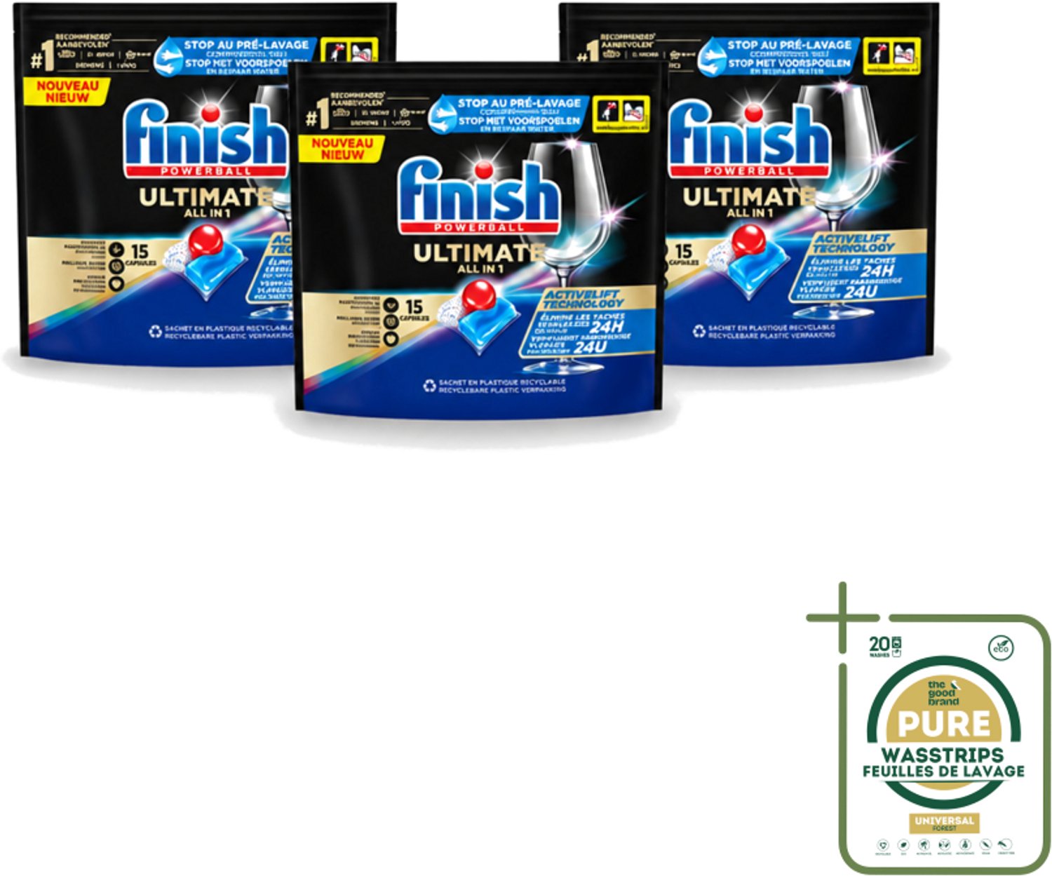 3 x Finish Powerball - Ultimate All in 1 - Vaatwastabletten - Activelift - 15 Capsules - Wasstrips - Vaatwastabletten - Activelift - Reiniging - Glans - Vaatwassen