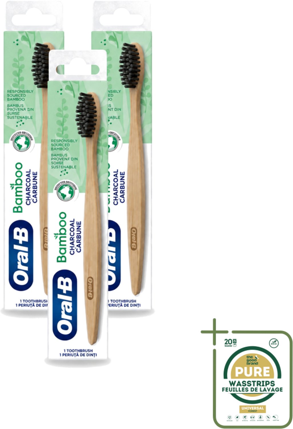 3 x Oral-B - Tandenborstel - Bamboe - Houtskool - 1 Tandenborstel - Tandenborstel Houtskool - Houtskool Borstelharen - Duurzame Tandenborstel - Veganistische Tandenborstel - Milieuvriendelijke Tandenborstel
