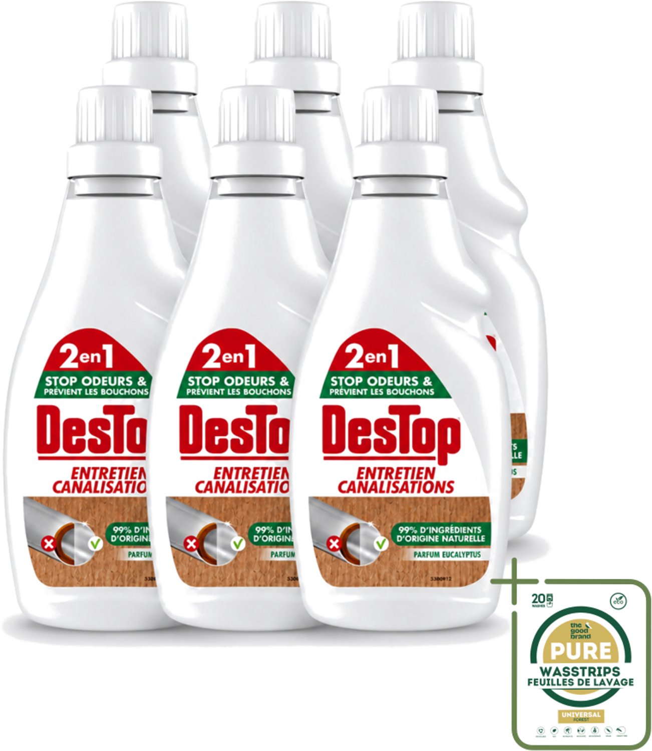 6 x DesTop - Onderhoud Leidingen - Ecologisch met Witte Azijn - Natuurlijke Ingrediënten - Eucalyptusgeur - 750 ml - Wasstrips - Leidingen Onderhouden - Ecologisch Onderhoud - Witte Azijn - Natuurlijke Reiniging - Eucalyptusgeur