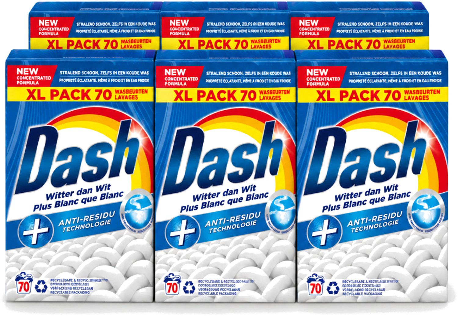 6 x Dash - Witter dan Wit - Snel Oplossend Waspoeder - Witte Was - 70 Wasbeurten - Voordeelverpakking - 6 stuks