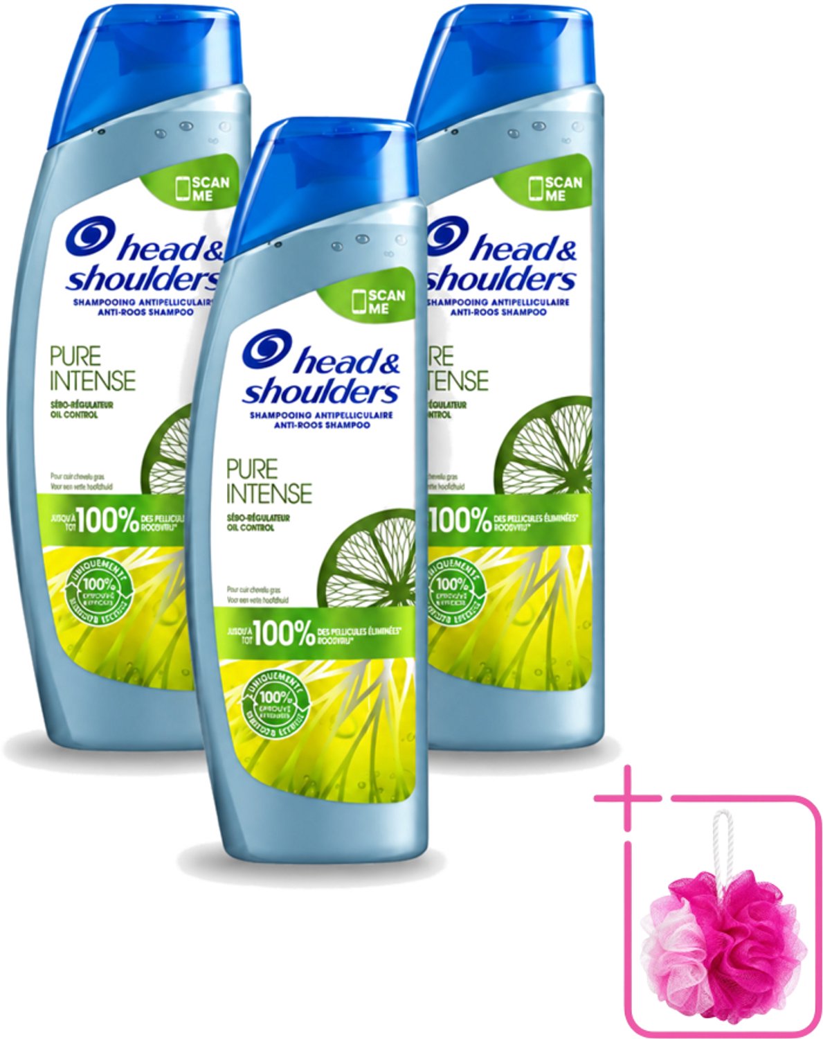 3 x Head & Shoulders - Anti-Roos Shampoo - Pure Intense - Oil Control - 250 ml - Bulkverpakking - Roosvrij haar - Douchemop - Oliecontrole