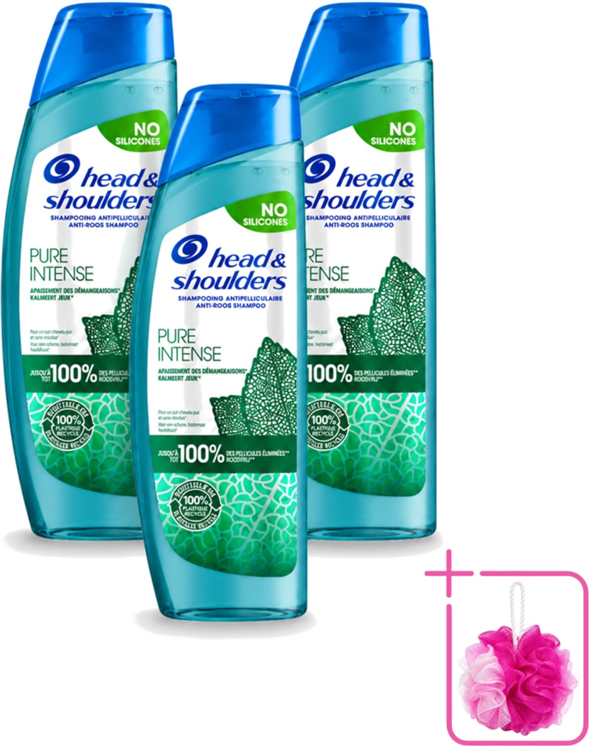 3 x Head & Shoulders - Anti-Roos Shampoo - Pure Intense - Kalmeert Jeuk - 250 ml - Bulkverpakking - Roosvrij haar - Douchemop - Jeuk kalmeren