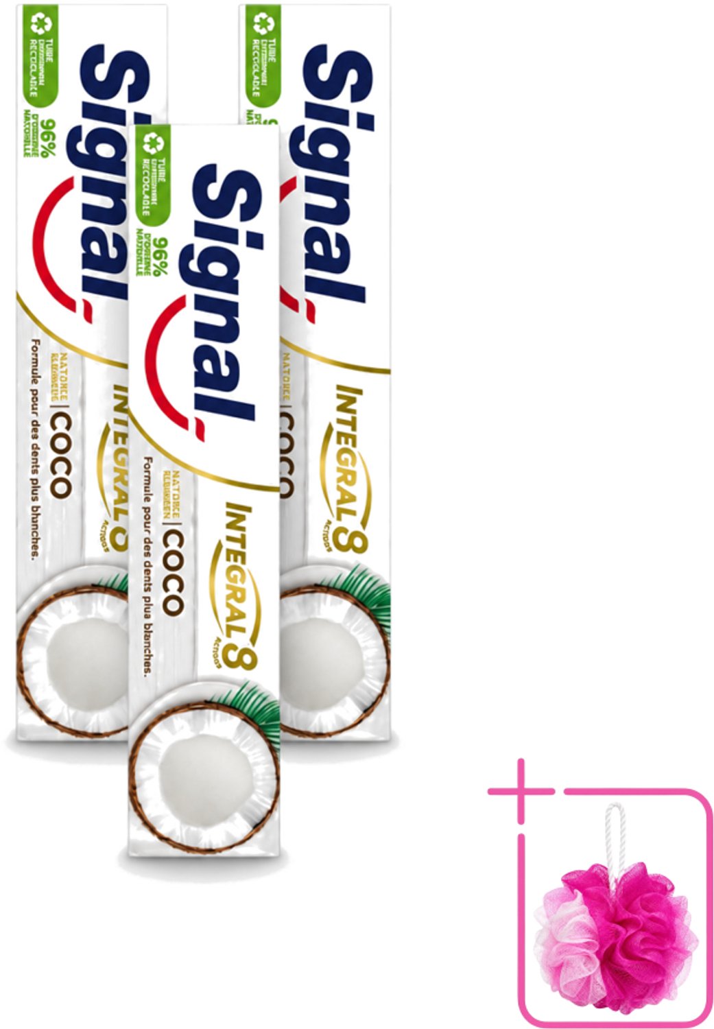 3 x Signal - Integral & Actions - Tandpasta - Natuurlijke Elementen - Kokos - Voor Witte Tanden - 75 ml - Bulkverpakking - Tandpasta - Douchemop - Natuurlijke tandpasta