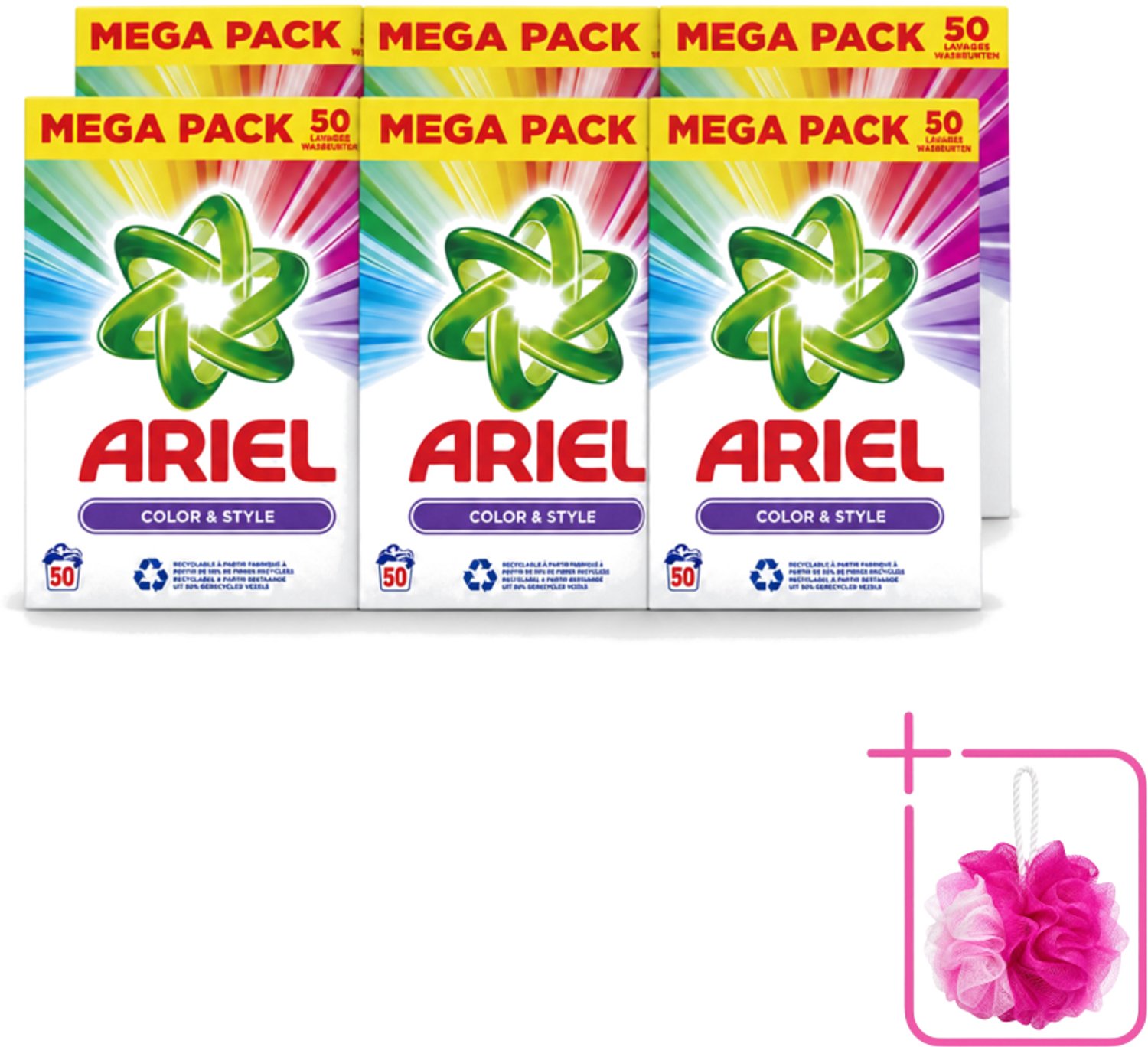 6 x Ariel Color & Style - Waspoeder - Gekleurde Was - 50 Wasbeurten - Bulkverpakking - Kleurverzorging - Douchemop - Waspoeder