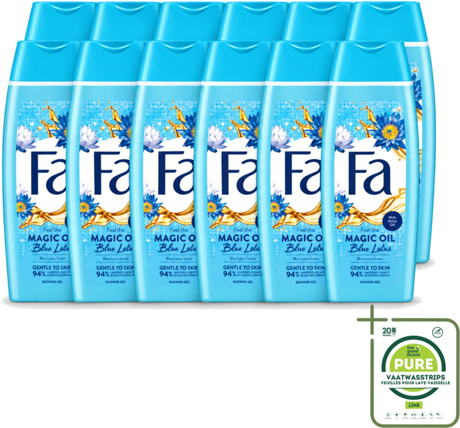 12 x Fa - Douchegel - Magische Olie - Blue Lotus Geur - 250 ml - Grootverpakking - Vaatwasstrips - Douchegel - Hydratatie - Huidverzorging - Zijdezachte Huid - Frisse Geur