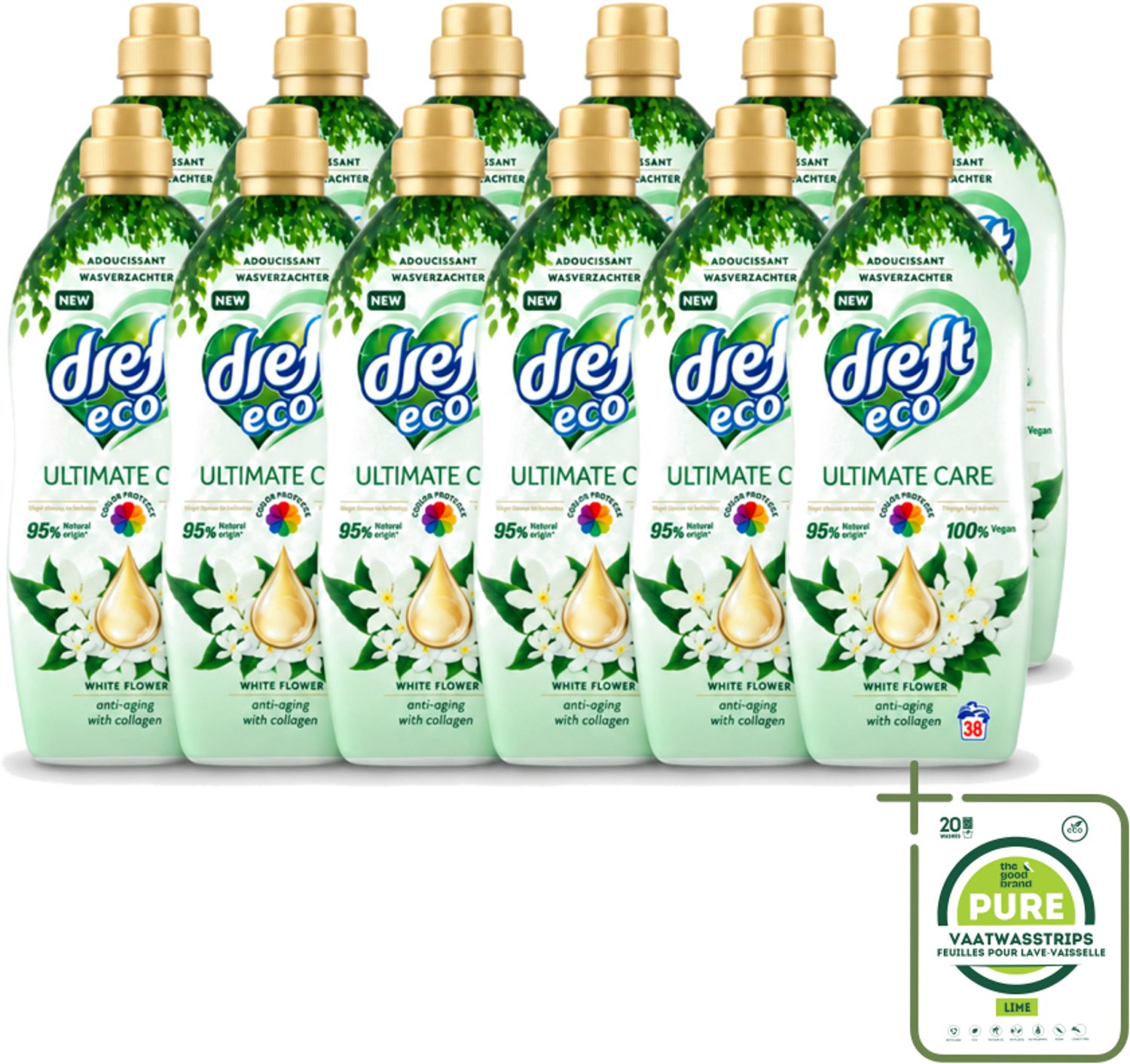 12 x Dreft ECO - Wasverzachter - Gekleurde Was - Witte Bloem - Anti-Veroudering - 38 Wasbeurten - Grootverpakking - Vaatwasstrips - Wasverzachter - Anti-aging - Kleurbescherming - Collageen - Wasgoed Verzorgen
