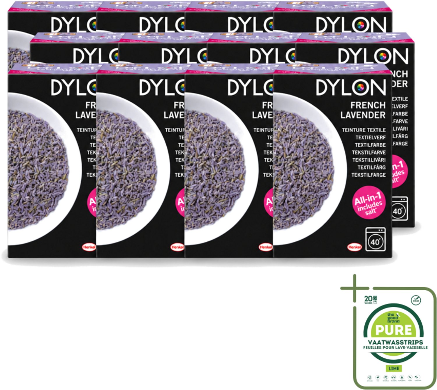 12 x Dylon - Textielverf - French Lavender - All-in-One - Inclusief Zout - 350g - Grootverpakking - Vaatwasstrips - Textielverf - Lavendelkleur - French Lavender - Zout - Stofverf