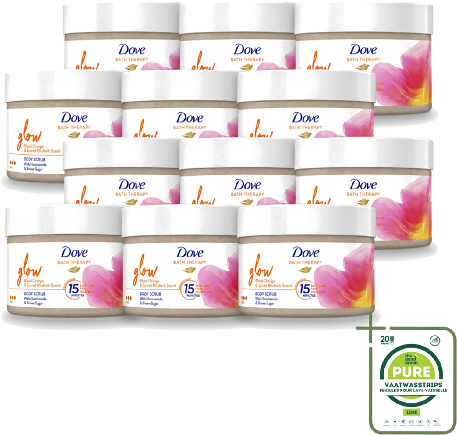 12 x Dove Bath Therapy Glow - Bodyscrub - Bloedsinaasappel & Rabarber - 295 ml - Grootverpakking - Vaatwasstrips - Huid Verzorging - Huid Stralen - Huid Glans - Huid Exfoliatie - Huid Hydratatie