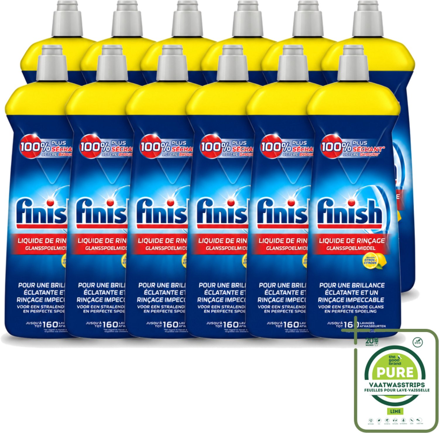 12 x Finish - Glansspoelmiddel - Citroen - Stralende glans - Tot 160 Afwasbeurten - 800 ml - Grootverpakking - Vaatwasstrips - Glansspoelmiddel - Glans - Citroen - Vaatwas - Vaat Drogen