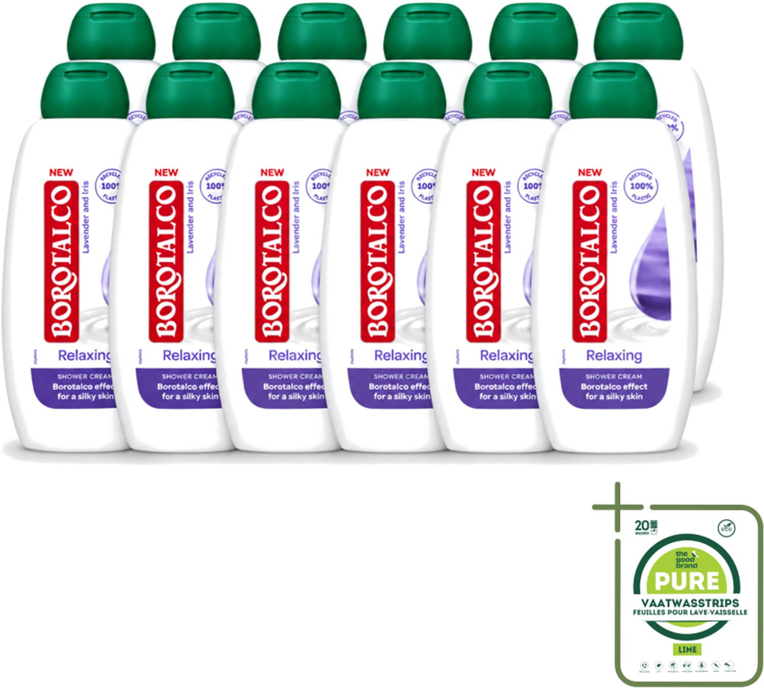 12 x Borotalco - Douchegel - Relaxing - Lavender & Iris - 250 ml - Grootverpakking - Vaatwasstrips - Douchegel - Ontspanning - Lavendel - Iris - Huidverzorging