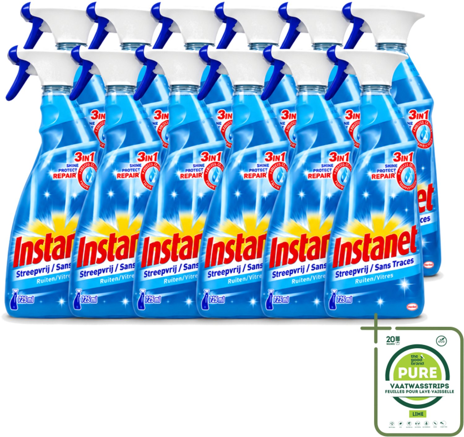 12 x Instanet - Ruitenreiniger - Streepvrij - 3in1 Spray - 725 ml - Grootverpakking - Vaatwasstrips - Ruitenreiniger - Streepvrije Ruiten - Ruiten Reinigen - Ruiten Reinigingsalcohol - 3-in-1 Ruitenreiniger