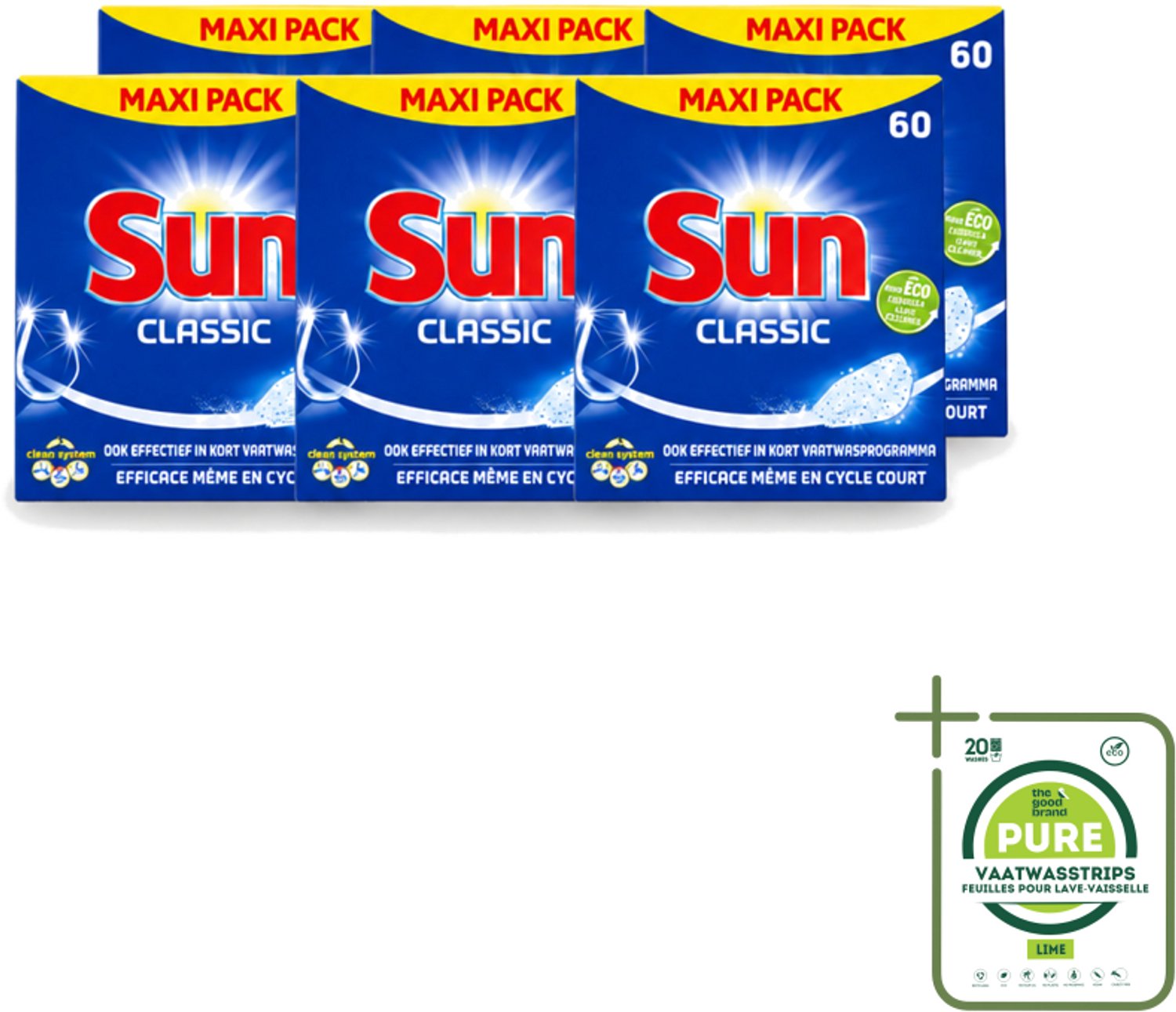 6 x Sun Classic - Vaatwastabletten - Eco - Voordeelverpakking - 60 Tabletten - Grootverpakking - Vaatwasstrips - Vaatwastabletten - Vaatwasser - Reiniging - Vaatwasmiddel - Eco-formule