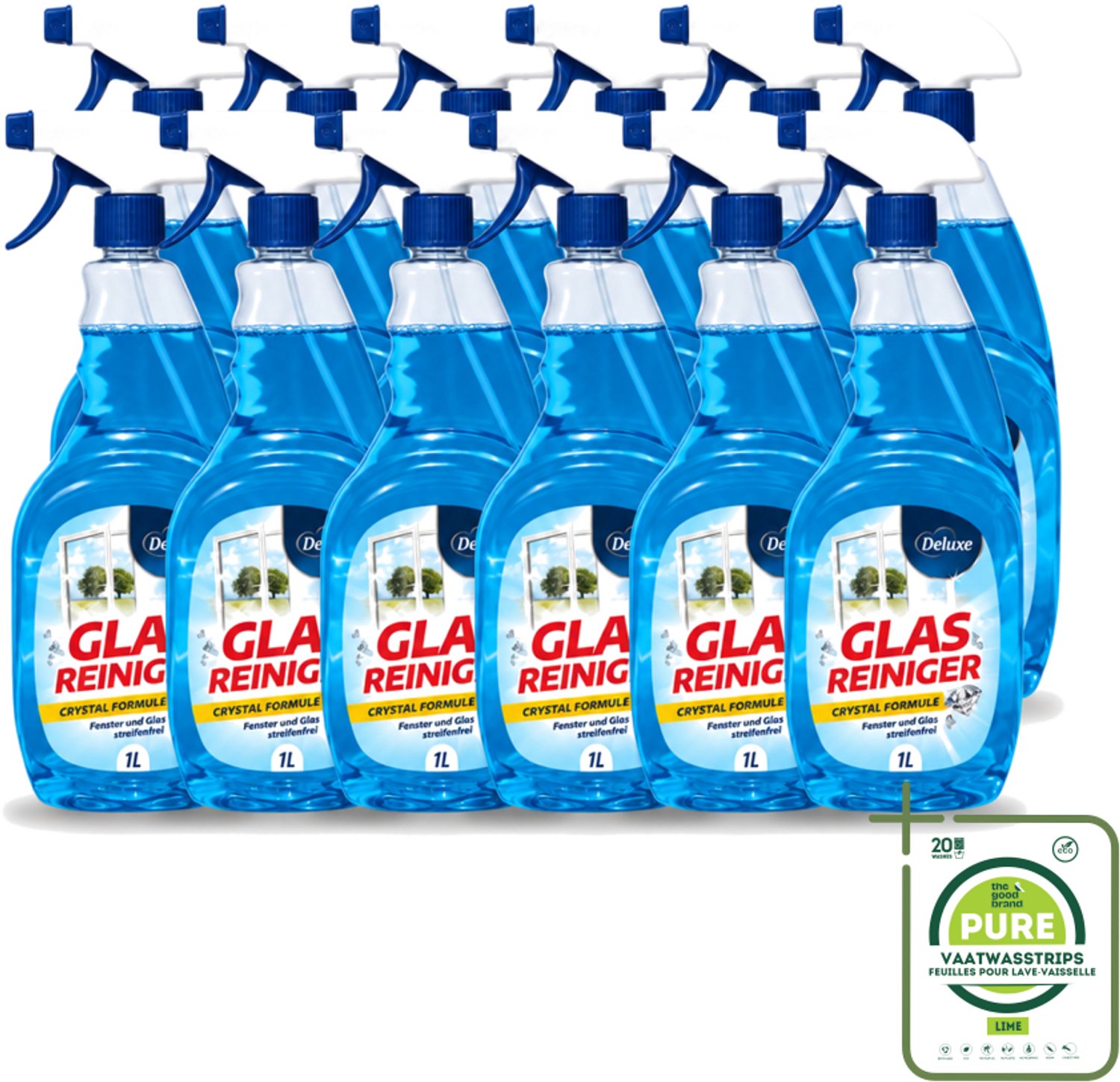 12 x Deluxe - Glasreiniger - Crystal Formule - Streeploze Glans - 1L - Grootverpakking - Vaatwasstrips - Streeploze Glans - Glas Reiniger - Glas Reinigen - Glas Helderheid - Glas Reiniger Crystal Formule