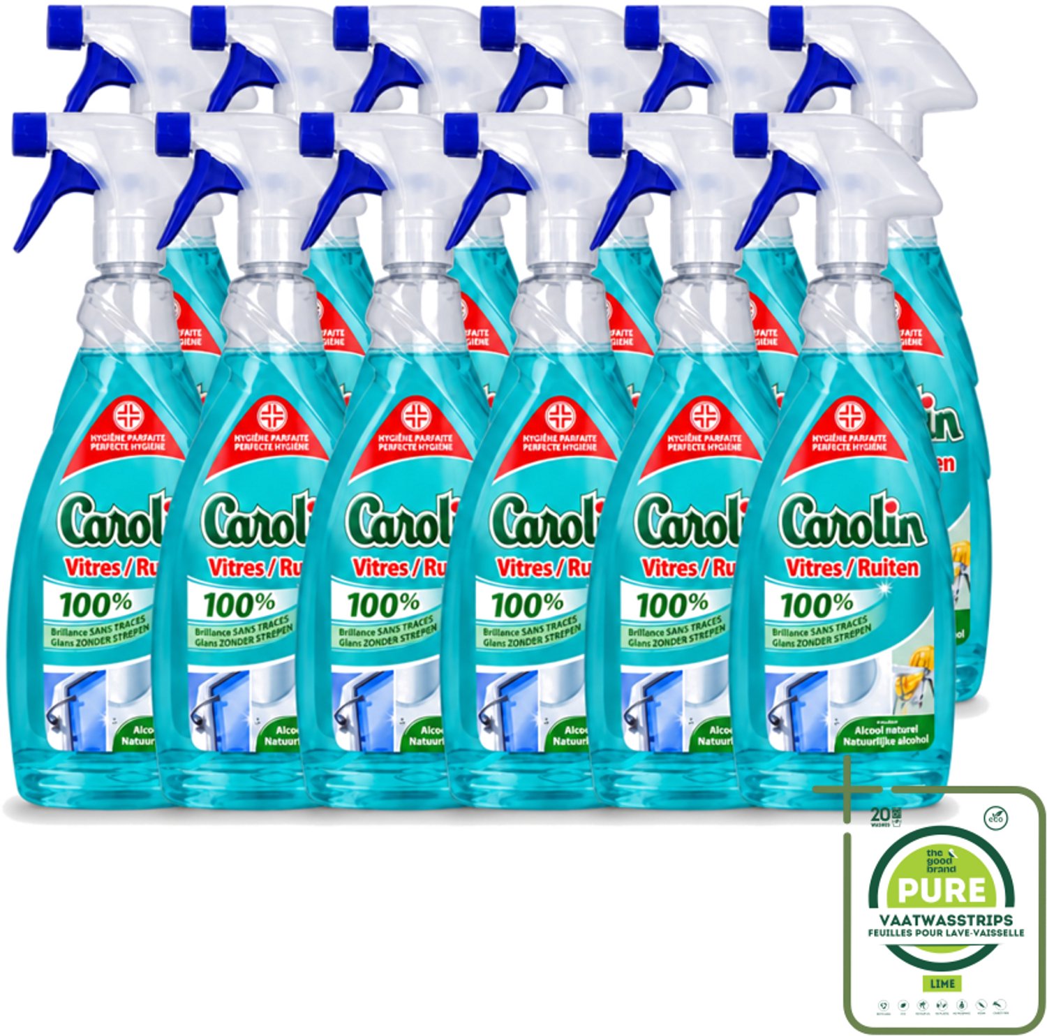12 x Carolin - Glas- en Ruitenreiniger - Met Natuurlijke Alcohol - 650 ml - Grootverpakking - Vaatwasstrips - Glas Reinigen - Ruiten Reinigen - Glas Reiniger - Ruiten Reiniger - Natuurlijke Alcohol