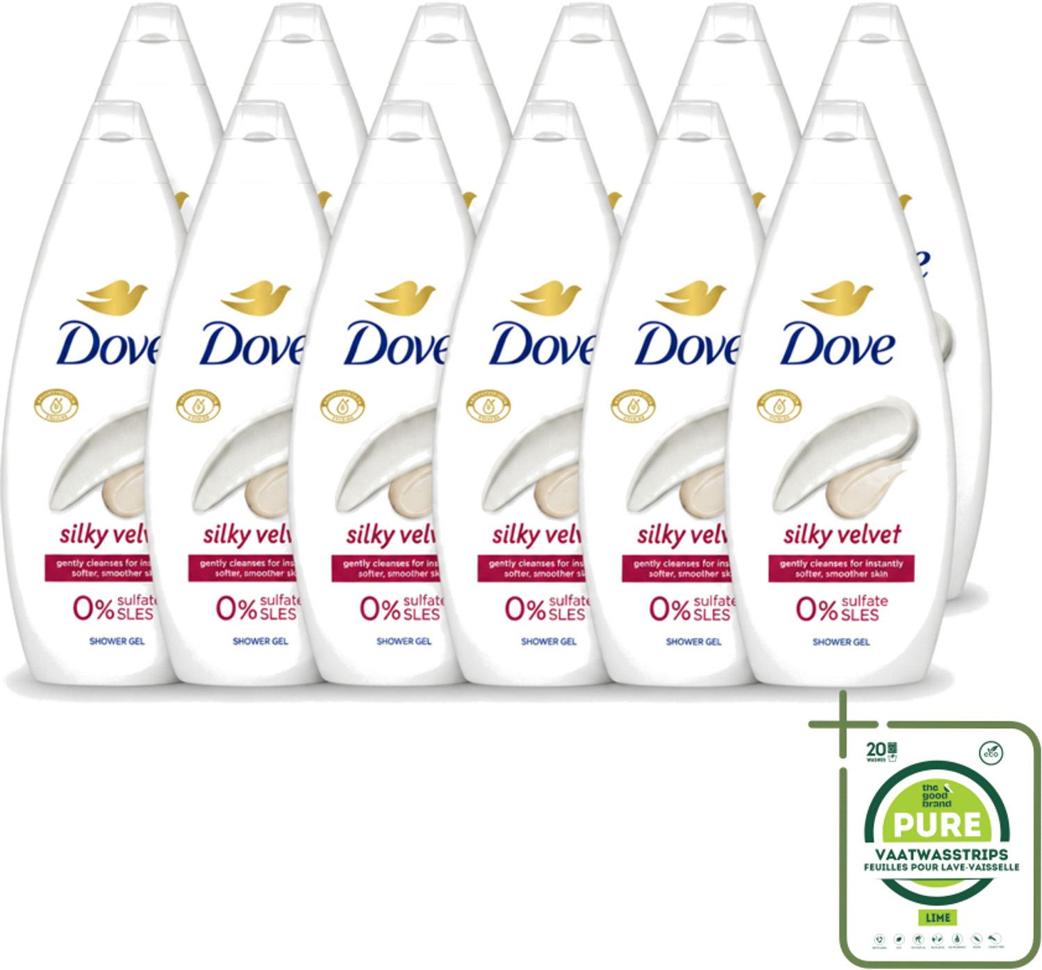 12 x Dove Silky Velvet - Douchegel - Sulfaatvrij - 250 ml - Grootverpakking - Vaatwasstrips - Douche Gel - Zijdezachte Huid - Sulfaatvrije Douche - Hydraterende Douche - Huid Verzorging