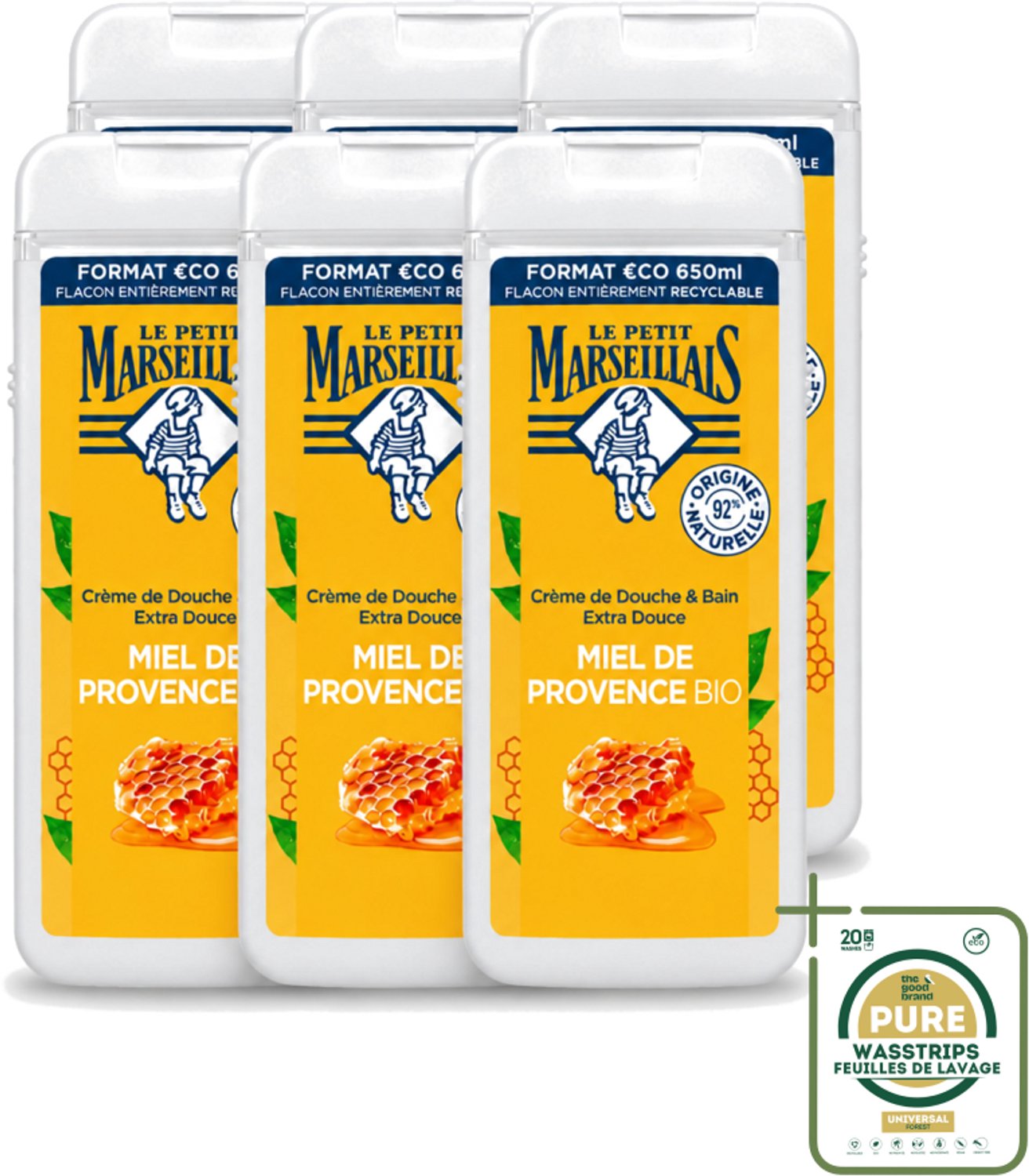 6 x Le Petit Marseillais – Douche & Bad – Honing – 650 ml - Wasstrips - Douche En Bad - Honing - Huid Verzorging - Schuim - Zachte Huid
