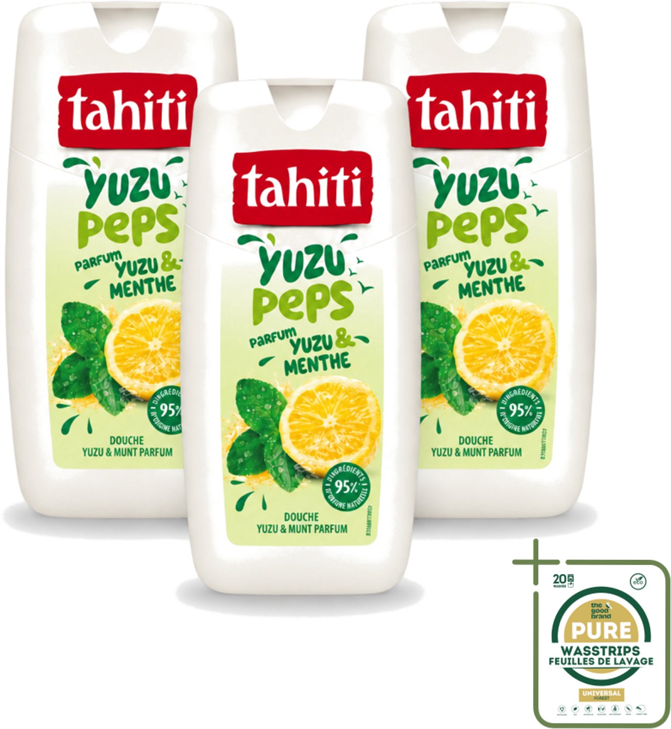 3 x Tahiti – Douchegel – Yuzu Peps Yuzu & Munt - 250 ml - Wasstrips - Douchegel Yuzu Munt - Frisse Douchegel - Yuzu En Munt - Energieke Douchegel - Verkoelende Douchegel