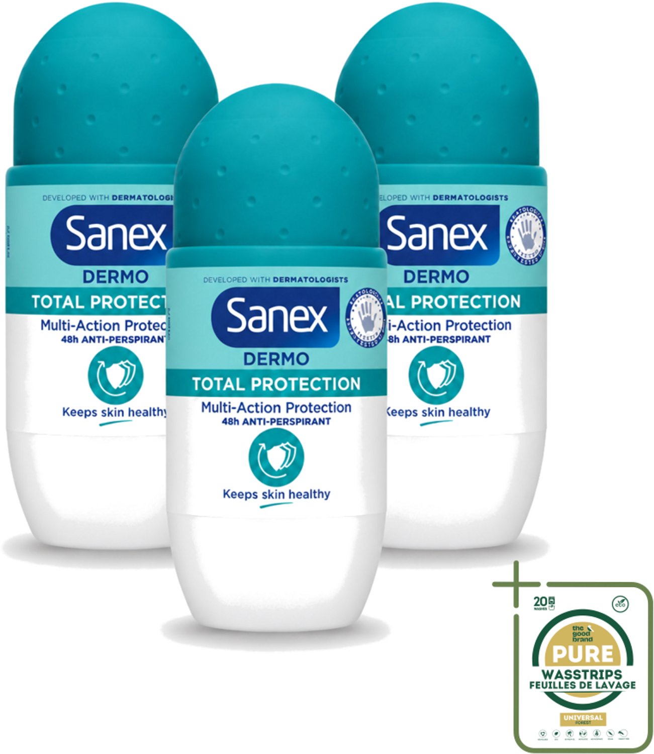 3 x Sanex – Deodorant Roll-On – Dermo Total Protection – 50 ml - Wasstrips - Douche - Deodorant Roll-on - Zweetvermindering - Geurvermindering - Huidbescherming