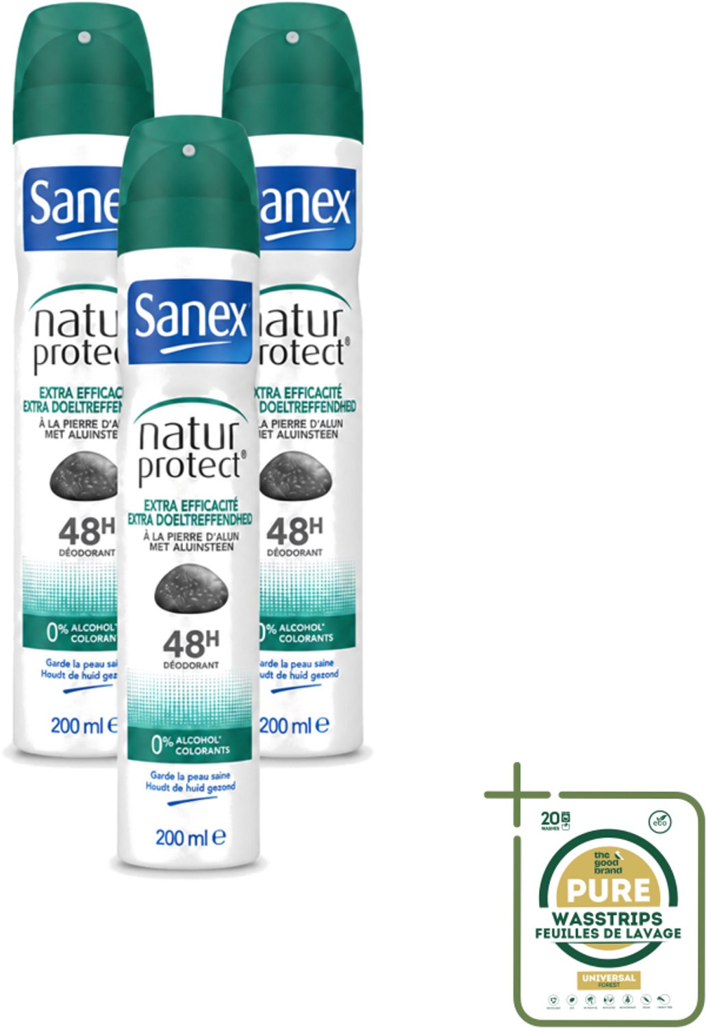 3 x Sanex – Deodorant Spray – Aluinsteen – 200 ml - Wasstrips - Deodorant Spray - Natuurlijke Deodorant - Aluinsteen - Frisse Geur - Huidvriendelijk