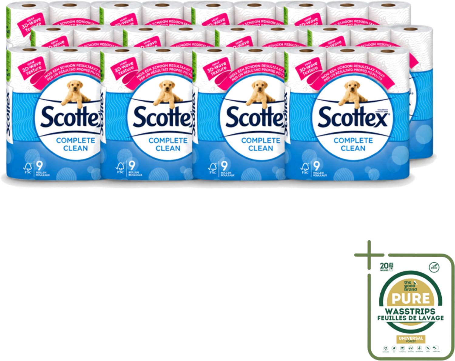 12 x Page Scottex – Toiletpapier – Complete Clean 2-laags – 9 rollen - Wasstrips - Toiletpapier - Schone Reiniging - 3D Wave™ - Extra Zacht - 2-laags