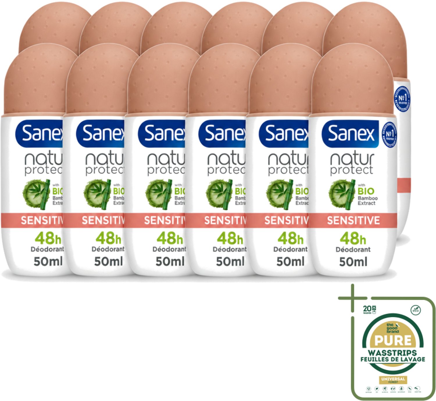 12 x Sanex – Deodorant Roll-On – Natur Protect Sensitive – 50 ml - Wasstrips - Gevoelige Huid - Deodorant Roll-on - Natuurlijke Bescherming - Milde Deodorant - Frisheid