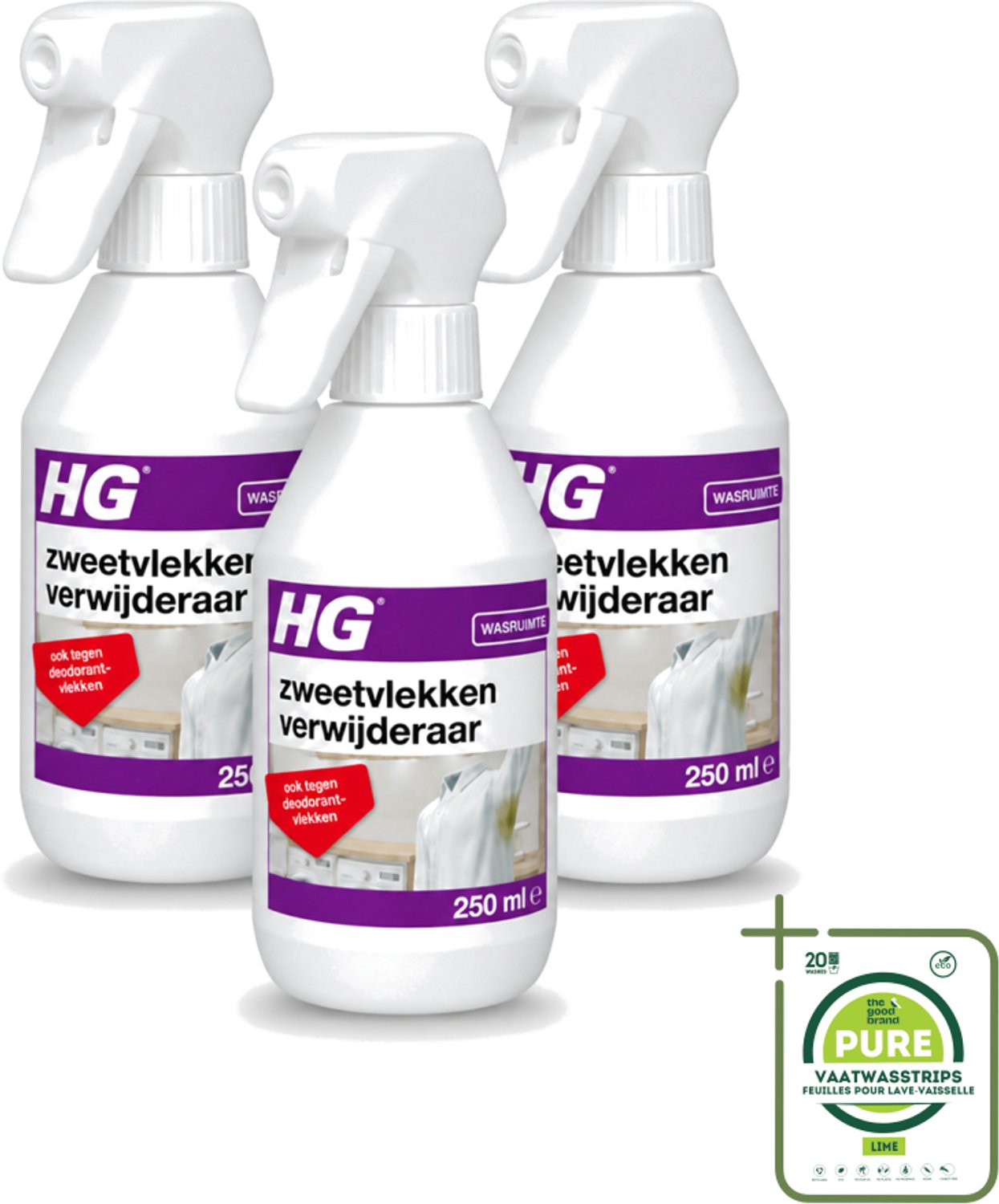 3 x HG - Wasruimte - Zweetvlekkenverwijderaar - Tegen Deodorantvlekken - 250 ml - Grootverpakking - Vaatwasstrips - Zweetvlekken Verwijderen - Gele Vlekken Verwijderen - Deodorantvlekken Verwijderen - Textiel Reinigen - Wasmiddel Voor Vlekken