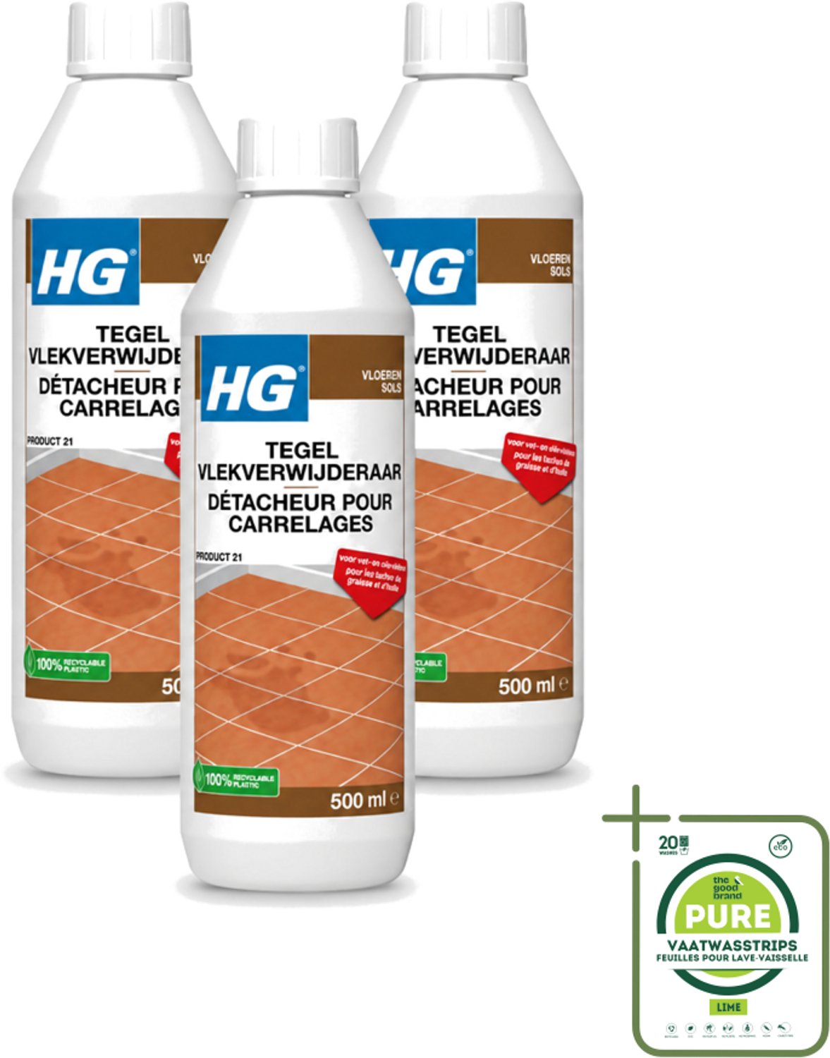 3 x HG - Vloeren - Tegel Vlekverwijderaar - Voor Vet & Olievlekken - 500 ml - Grootverpakking - Vaatwasstrips - Vlekverwijderaar Tegel - Vetvlek Verwijderen - Olievlek Verwijderen - Vloer Reinigen - Vlekken Verwijderen