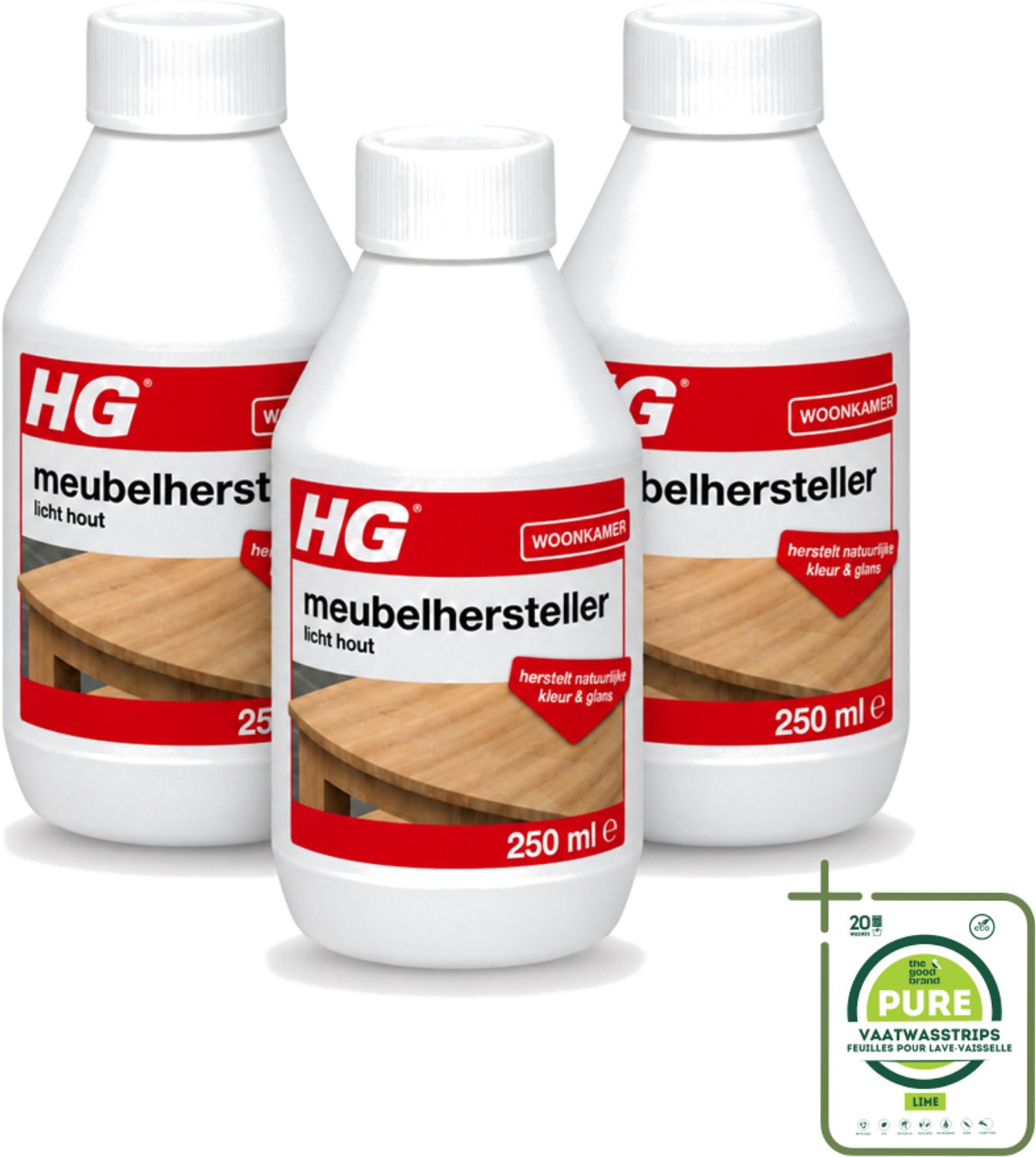 3 x HG - Meubelhersteller Licht Hout - Herstelt Natuurlijke Kleur & Glans - 250 ml - Grootverpakking - Vaatwasstrips - Houtverzorging - Hout Herstellen - Hout Reinigen - Hout Kleuren Herstellen - Hout Krassen Verbergen