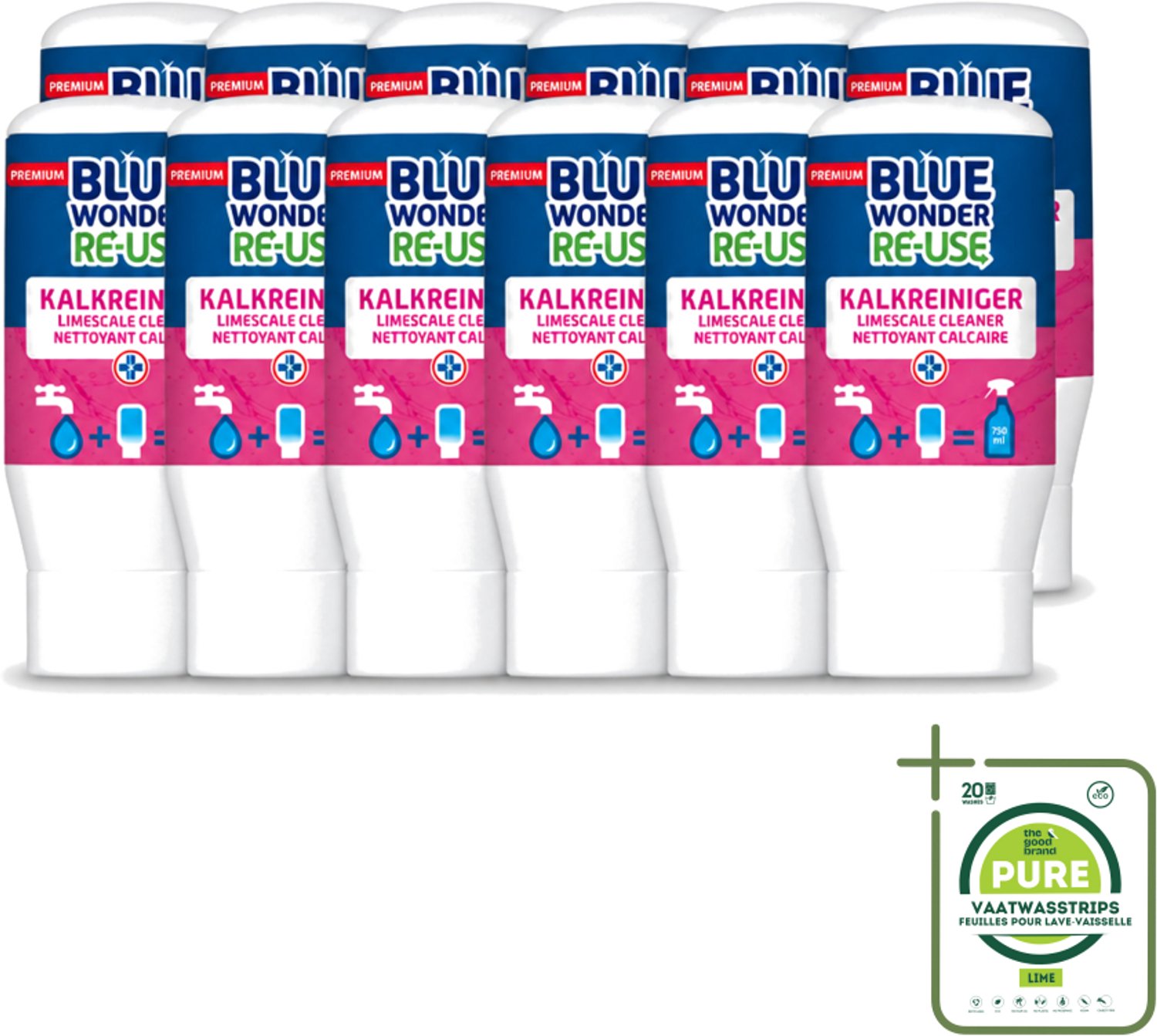 12 x Blue Wonder - Premium Re-use Kalkreiniger - 50 ml - Grootverpakking - Kalkreiniger - Badkamer Reinigen - Kalk Verwijderen - Vet Verwijderen - Vuil Verwijderen