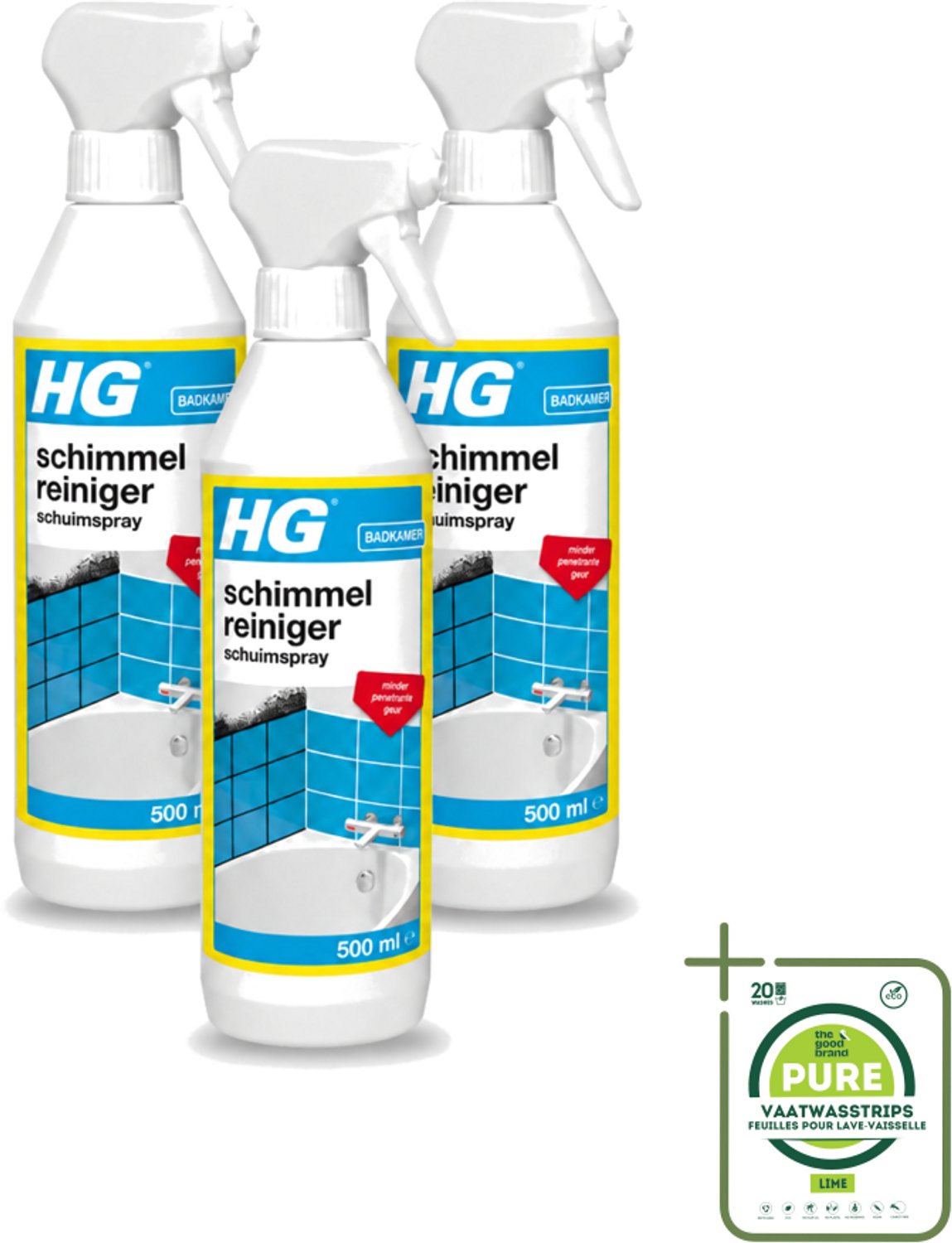 3 x HG - Sanitair - Schimmelreiniger - Schuimspray - 500 ml - Grootverpakking - Vaatwasstrips - Schimmelreiniger - Schimmelverwijdering - Schuimspray - Schimmel In Badkamer - Schimmel Op Tegels