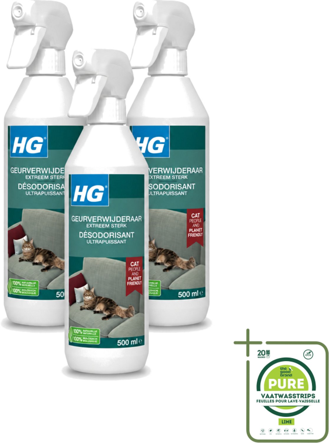 3 x HG - Geurverwijderaar - Extreem Sterk - Tegen Kattengeuren - 100% Biologisch - 500 ml - Grootverpakking - Vaatwasstrips - Geurverwijderaar Kat - Kattengeur - Geurverwijderaar - Geurverwijderaar Katten - Geurverwijderaar 500 Ml