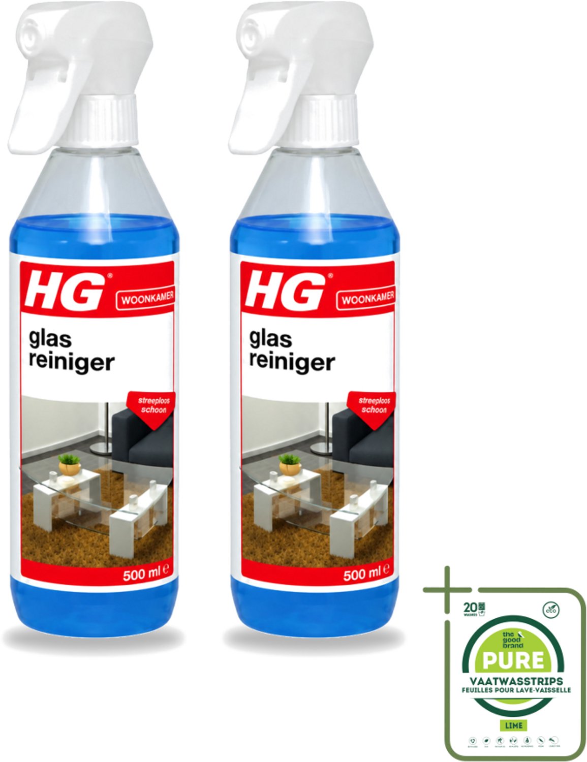 2 x HG - Glasreiniger Spray - Streeploos Schoon - Ontvet & Droogt Snel - 500 ml - Grootverpakking - Vaatwasstrips - Glas Reinigen - Streeploos Schoonmaken - Glazen Reiniger - Spiegel Reinigen - Vet Verwijderen