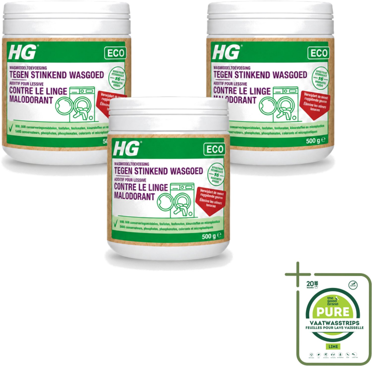 3 x HG ECO - Wasmiddeltoevoeging Tegen Stinkend Wasgoed - Effectieve Formule - 16 Wasbeurten - 500 g - Grootverpakking - Vaatwasstrips - Wasmiddel - Stankmoleculen - Wasgoed - Wasmiddeltoevoeging - Stinkend Wasgoed
