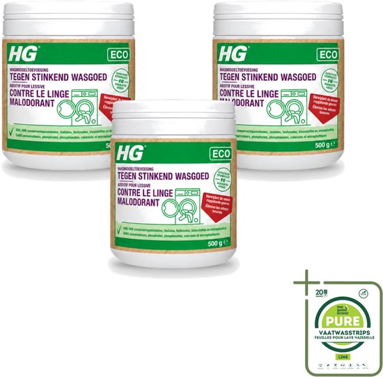 Drie potten HG wasmiddeltoevoeging tegen stinkend wasgoed en een verpakking Pure vaatwasstrips met limoengeur.